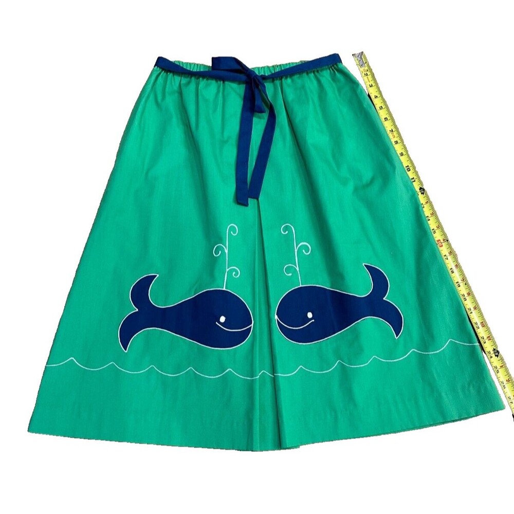Vintage Surrey Midi Skirt Women’s Blue Green Whales Belted Sz M/L 1970s Nautical